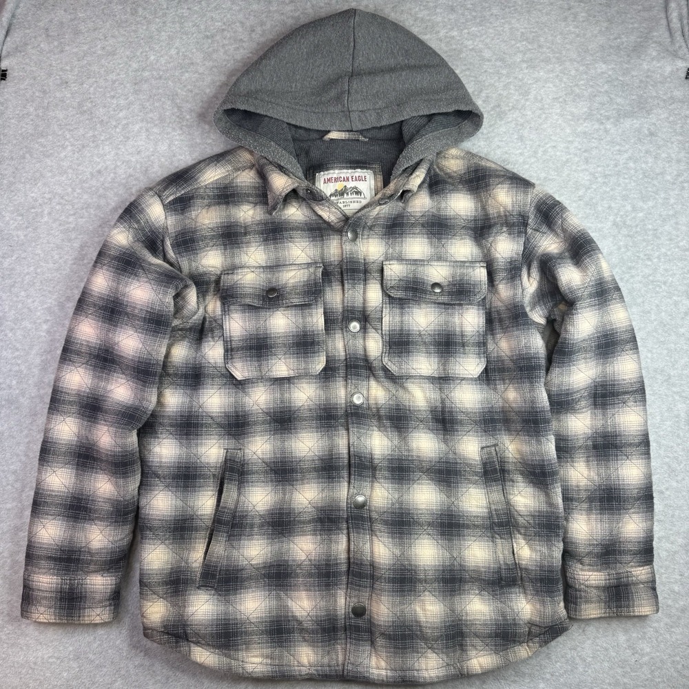 American Eagle Thick Flannel Shirt Jacket Mens L‎ Plaid Hooded Lined Snap Button